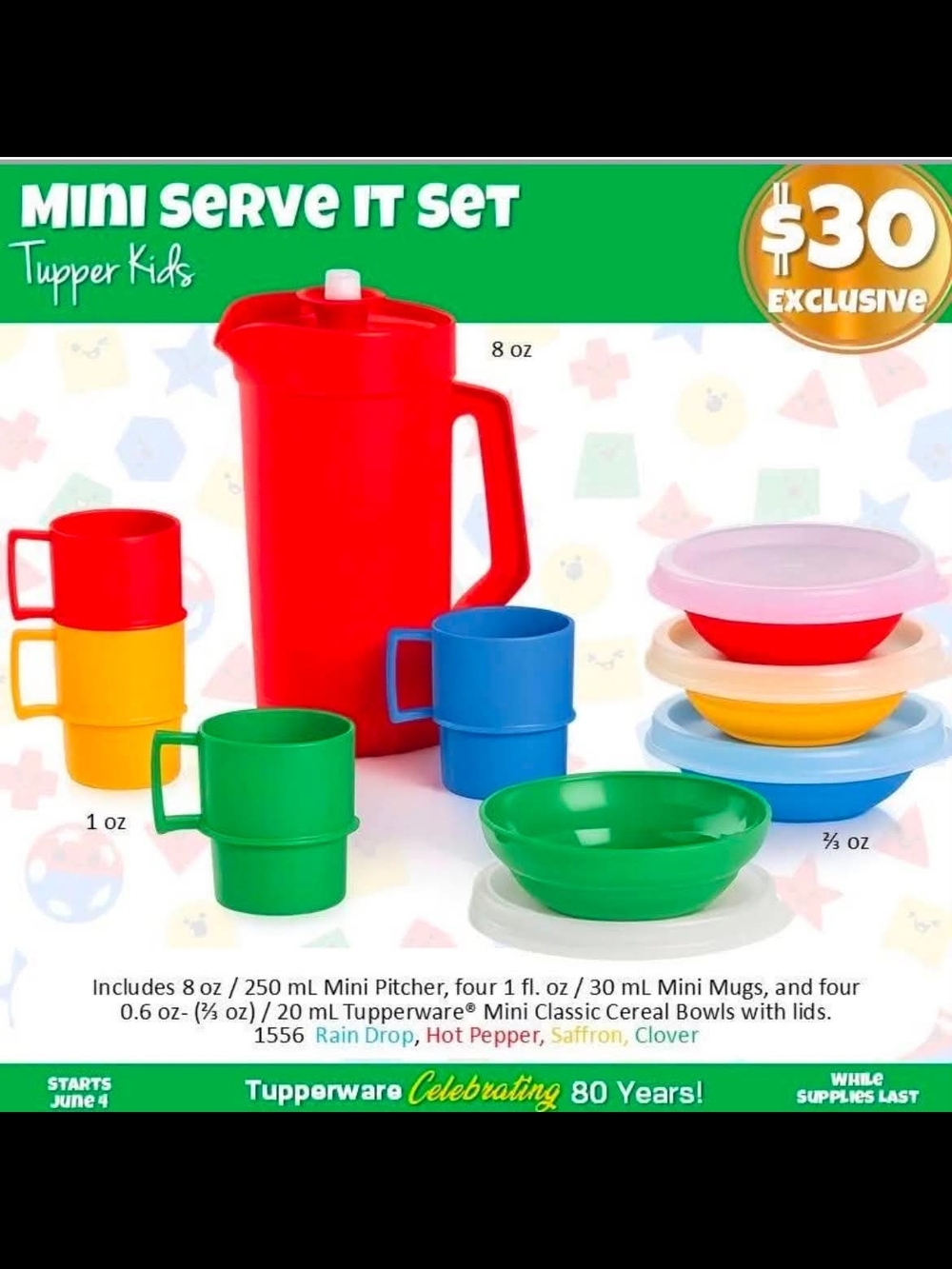 Tupperware Mini Serve It Set - Red, Blue, Green, Yellow, Pink